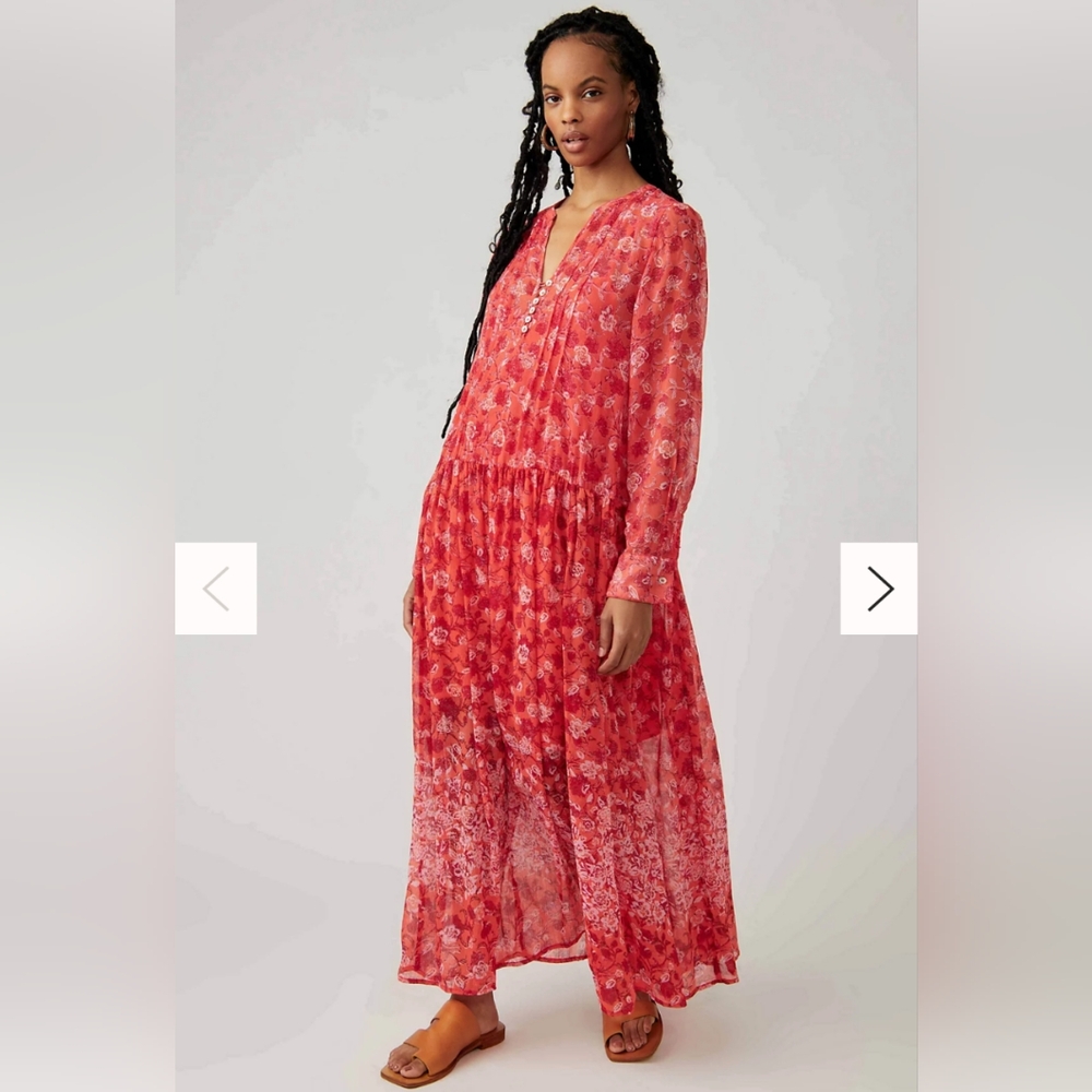 Free People Red Long Sleeve Sundress Wedding Guest